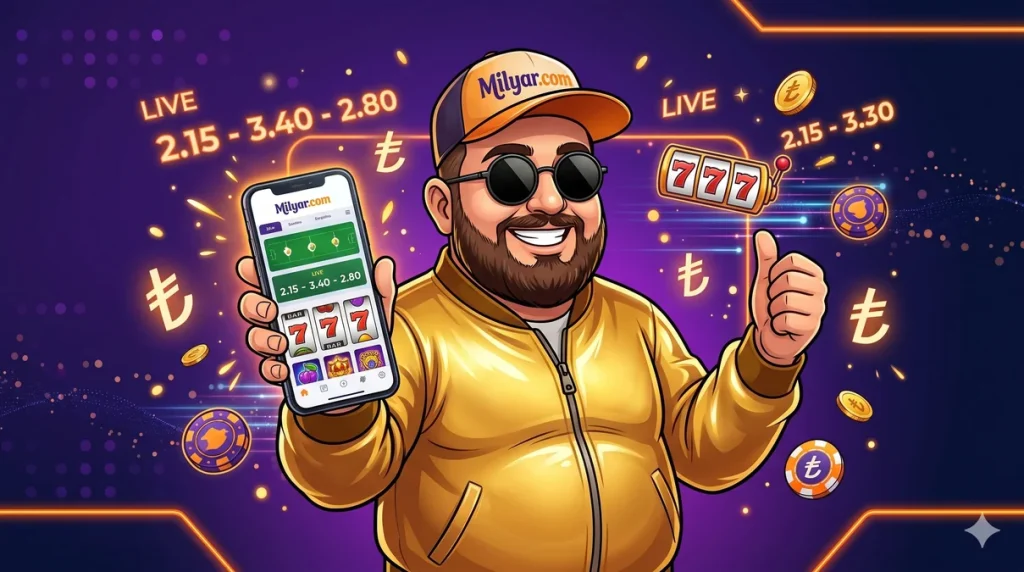 Milyar.com güncel giriş: Milyar.com mascot karakteri mobil bahis platformu oranları ve slot sembolleriyle