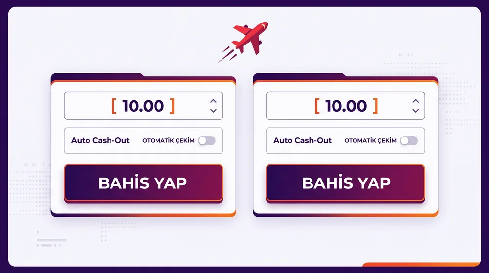 Aviator çift bahis ve otomatik çekim panelini gösteren görsel